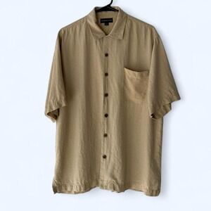 Baracuta Mens‎ M Tan Silk Short Sleeve Button Up Shirt Textured